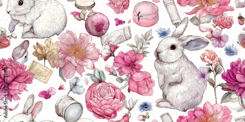 Luxurious watercolor pattern of fluffy white and brown bunnies, soft pink peonies, and lush sage green foliage for high-end textiles, home decor, and wedding stationery