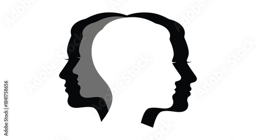 A striking illustration of multiple face profiles in varying shades a dark silhouette