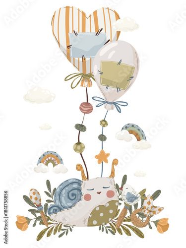 Newborn baby objects composition, hand-drawn vector illustration with rompers, snail, balloons, and rattle for baby announcements and kids’ art.