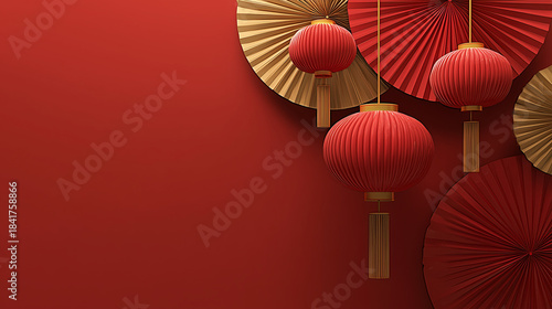 Chinese New Year background, red gradient, red lanterns with fan-shaped decorations, modern festive design. vector style, suitable for presentation or banner.