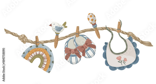 Baby accessories toys and clothes on rope garland, hand drawn vector illustration of newborn baby accessories hanging on string for baby birth cards and announcements.