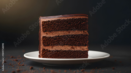 A delicious slice of chocolate cake on a white plate against a dark background with crumbs scattered around