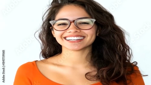 Smiling young woman with long brown hair wearing orange shirt and glasses