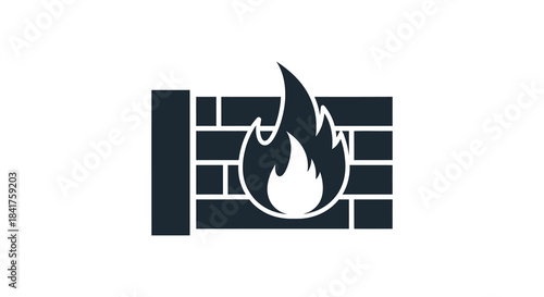A striking black and white depiction of a brick fireplace with a burning flame silhouette