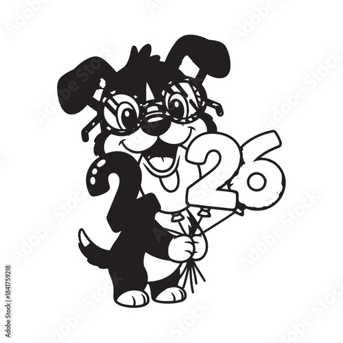 Cartoon dog character celebrating with balloons and the number twenty six in a playful festive scene.