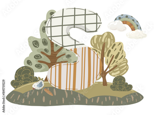 Letter composition, hand drawn vector illustration with abstract alphabet symbol, flowers and children's accessories for personalized decor and nursery design.