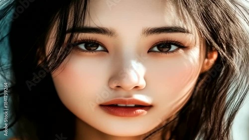 Close-up portrait of young Asian woman with long dark hair and brown eyes looking directly at camera with soft natural