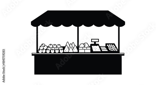 A simple black and white illustration of a market stall selling various goods silhouette