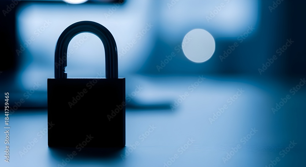 Fototapeta premium A close-up view of a padlock on a desk in a dark room with a computer.