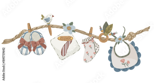 Baby accessories toys and clothes on rope garland, hand drawn vector illustration of newborn baby accessories hanging on string for baby birth cards and announcements.