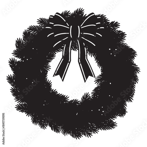 Black Silhouette Wreath with Bow: Round Floral Garlands and Memorial Decoration.