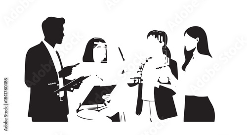 Silhouetted business team collaborating and discussing documents in a modern office setting.