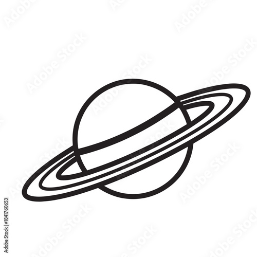 Minimalist line drawing of a ringed planet with orbiting rings.