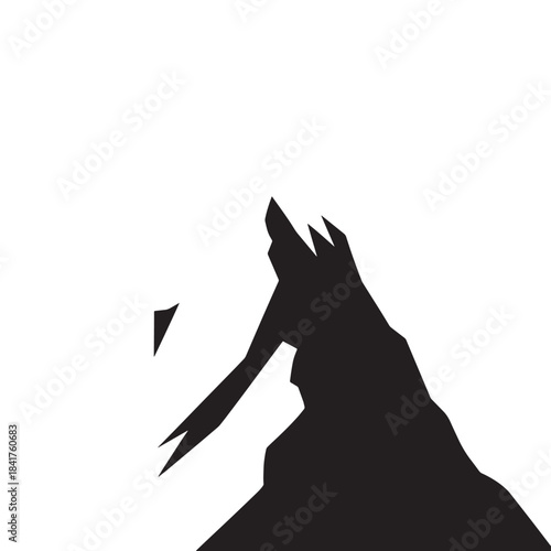 Silhouette of a jagged mountain peak rising against a stark white sky, creating bold contrast.