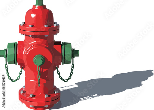 Realistic 3D Red Fire Hydrant Vector Illustration with Green Details and Heavy Shadow, Emergency Water Supply, Public Safety, and Urban Infrastructure Element Isolated on White