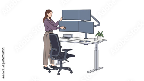 Woman adjusting multiple monitors at a modern work from home office workstation