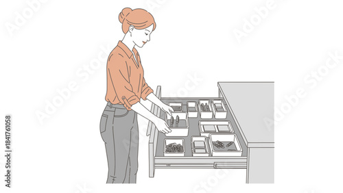 Woman organizing drawer with containers for office supplies, organization concept illustration