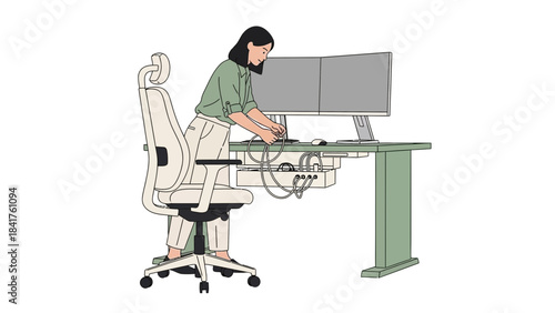 Woman setting up or working at a workstation with dual monitors and adjustable chair