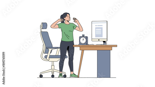 Woman Stretching at Her Desk During a Break to Relieve Office Work Tension