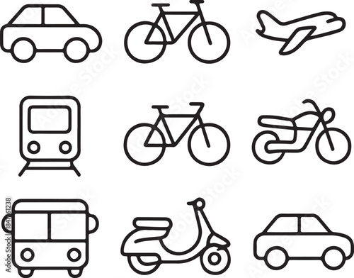 Transportation, public vehicle, and travel line icons set.