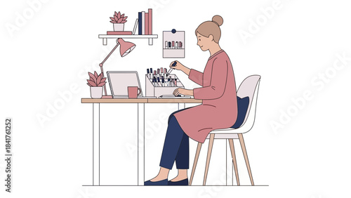 Woman working at a desk with a computer and desk supplies in illustrator style