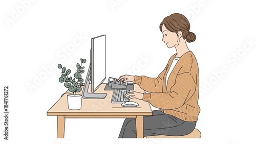 Woman working at a desk with a computer and a plant in minimalist illustration