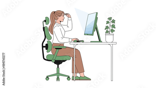 Woman working at a desk, shielding eyes from the light of the monitor, illustration
