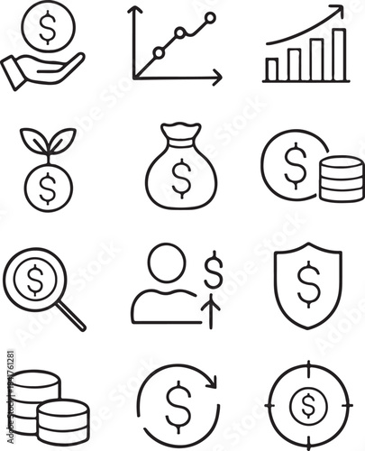  Investment, financial security, and profit growth line icons set.