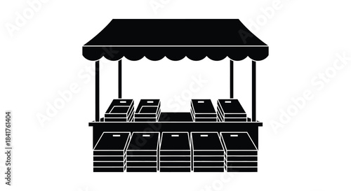 A simple black and white depiction of a market stall with stacked goods a distinct silhouette