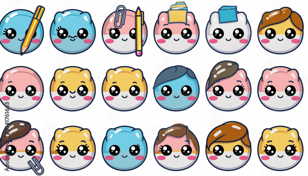 Fototapeta premium Cute Kawaii Hamster Emoticon Collection - Adorable Animal Faces with Various Expressions and Accessories