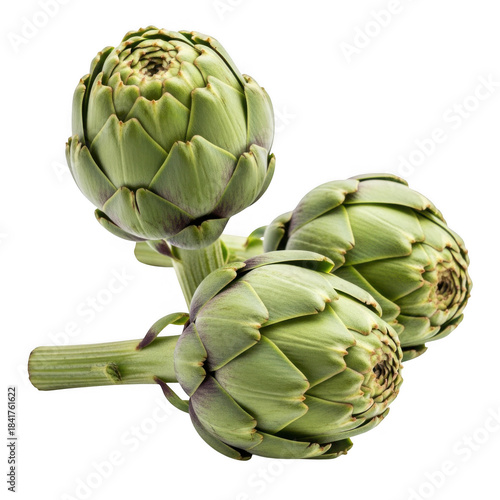 Three green artichokes isolated on transparent background, fresh and healthy