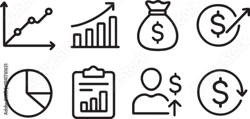 Financial growth, business investment, and money management line icons set.
