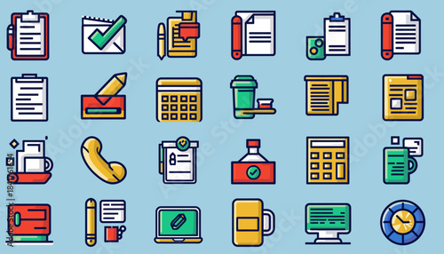 Set of business and office supplies icons on a blue background