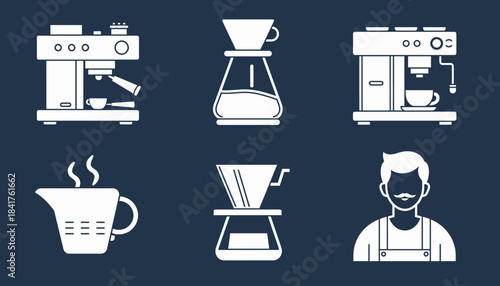 Collection of Coffee Making Equipment and Barista Icons for Food and Beverage Industry