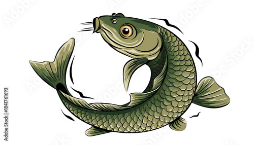 Stylized illustration of a powerful fish in a dynamic circular motion, embodying vitality, strength, and the flowing energy of aquatic life, perfect for creative design projects