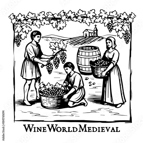 Vintage-style illustration of people harvesting grapes.Traditional woodcut look, rural agriculture scene, grape picking and vineyard work depicted in a classic black-and-white engraving graphic style.