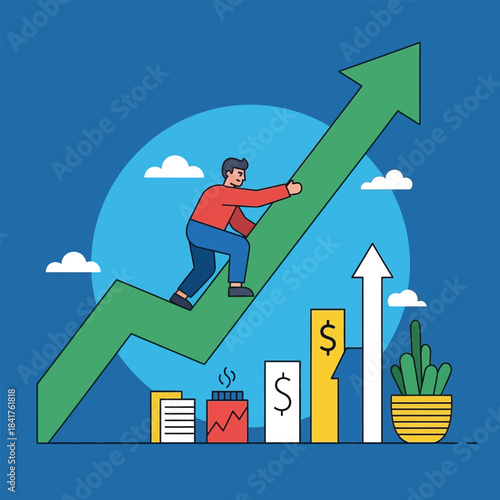 A person climbing a bold red arrow surrounded by bar graphs, coins, dollar signs, and a labeled budget envelope, symbolizing upward financial momentum and strategic planningA person climbing a bold re