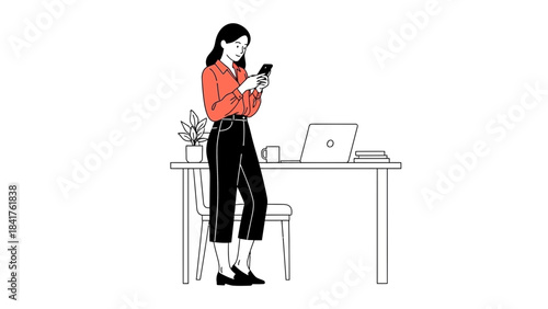 A woman using her smartphone at her desk in a minimalist vector illustration