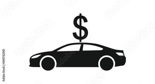 A sleek car profile with a dollar sign atop representing wealth and financial investment silhouette