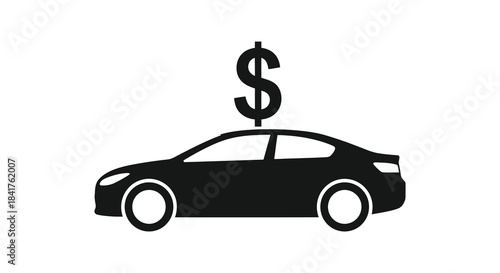 A striking black silhouette depicts a car with a dollar sign above it symbolizing financial cost