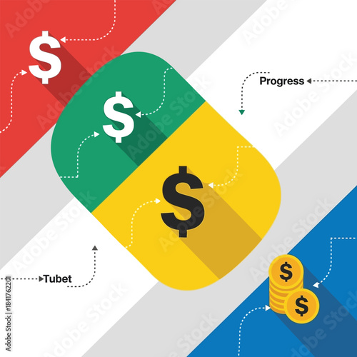 A stylized financial diagram featuring red, green, and yellow segments connected by arrows, representing investment flow and monetary accumulation