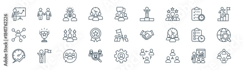 linear teamwork icon pack. vector thin line icons collection such as presentation, partnership, brainstorm, planning, achievement, market research, staff training, collaboration