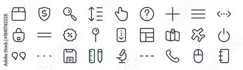 linear ui essential color icon pack. vector thin line icons collection such as mouse, protection, magnifier, menu, pin, switch, microscope, notepad