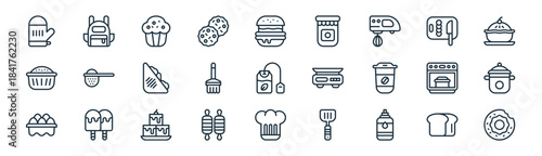 linear bakery icon pack. vector thin line icons collection such as bread, backpack, cupcake, kitchen utensil, pastry brush, cooking pot, cook hat, donut