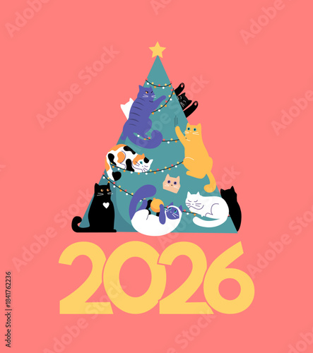 Funny cute cats play on Christmas tree 2026 card illustration