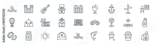 linear holidays icon pack. vector thin line icons collection such as popcorn, castle, guitar, direction, ship, liquid soap, swimming pool, price tag
