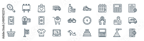 linear technology and commerce icon pack. vector thin line icons collection such as washing powder, billboard, shopping bag, calculator, online purchase, delivery truck, shoes, online payment