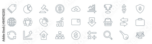 linear business and finance icon pack. vector thin line icons collection such as key, pie chart, law, dollar, increase, bag, dollar, law