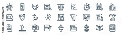 linear seo and marketing icon pack. vector thin line icons collection such as decision, mobile app, handshake, work schedule, ability, progress, woman, employee