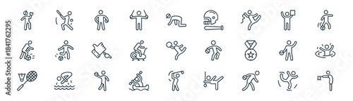 linear s icon pack. vector thin line icons collection such as skating, baseball, handball, referee, stationary bicycle, pool, golf, referee